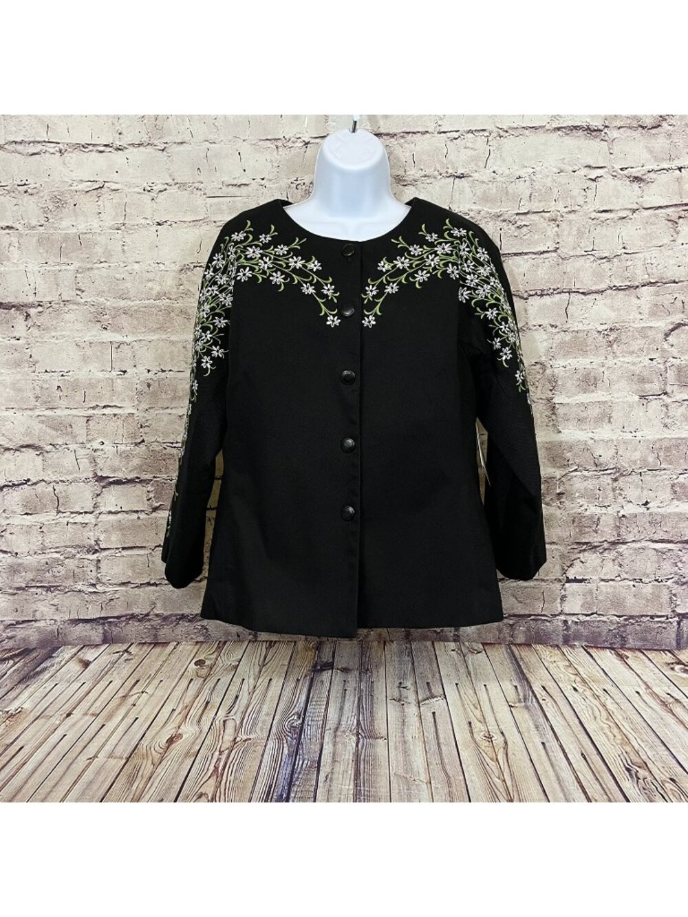 Bob Mackie Wearable Art Black Embroidered Floral Jacket